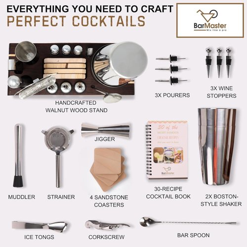 BarMaster® Cocktail Shaker Set – Bartender Kit with Bar Tools & Accessories – Mixology Set for Home Bar – Premium Cocktail Set, Martini Shaker, Barware Kit with Stand