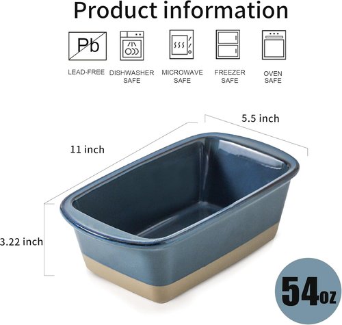 HVH Ceramic Loaf Pan - 9 x 5 Inch Rectangular Baking Pan for Bread - Farmhouse Style in Blue
