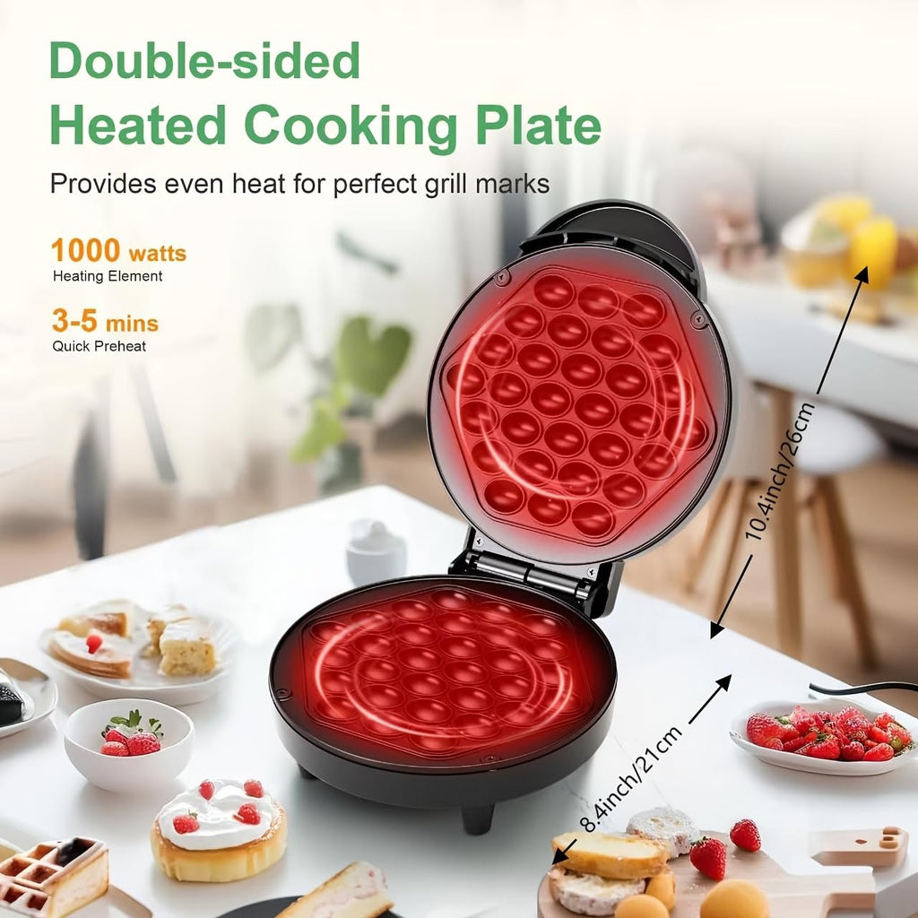 Bubble Waffle Maker, 1000W 7" Non-Stick Griddle, Hong Kong Egg Waffle Maker, Perfect for Creative Ice Cream Desserts