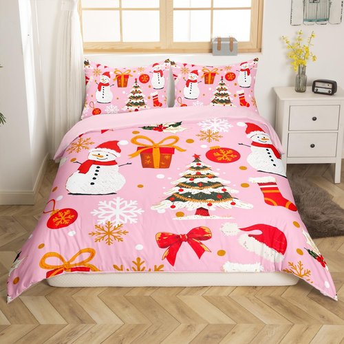 Pink Christmas Bed Sets Kawaii Xmas Tree Duvet Cover For Kids Boys Girls Winter Magic Snowflake Bedding Set Cute Snowman Comforter Cover Xmas Hats Girly Christmas Ornaments Bedroom Decor,3Pcs King