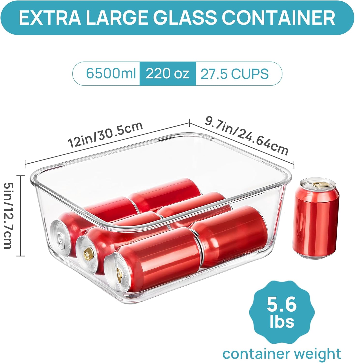 Vtopmart Extra Large Glass Food Storage Containers - 6.5L | Airtight Snap Lids, BPA Free, Oven Safe
