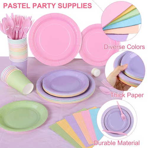 Kochorie 169 Pieces Pastel Party Supplies Disposable Dinnerware Set Include Plates and Cups Napkins Plastic Forks Knives Spoons Tablecloth for Wedding Birthday Party Decorations, Serve 24 Guests
