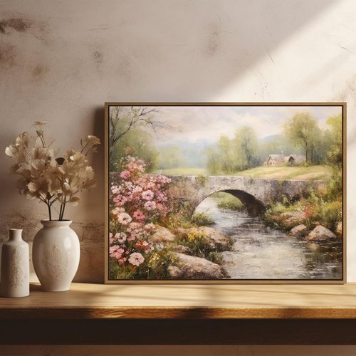 Gardenia Art Framed Canvas Wall Art - Spring Landscape with Mountain Bridge & Blooming Flowers | Perfect for Farmhouse Bedroom Decor