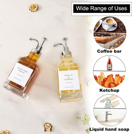 Coffee Syrup Dispenser Set by [Brand Name] - Clear Glass Bottles with Pump for Coffee Bar | 500ml, Chrome Finish