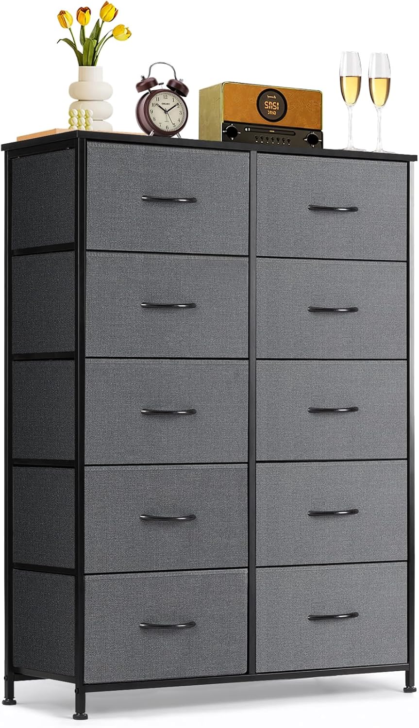 Regine Switzerland 10-Drawer Dresser - Anti-Tip Tall Storage Organizer with Wooden Top & Metal Frame - Gray