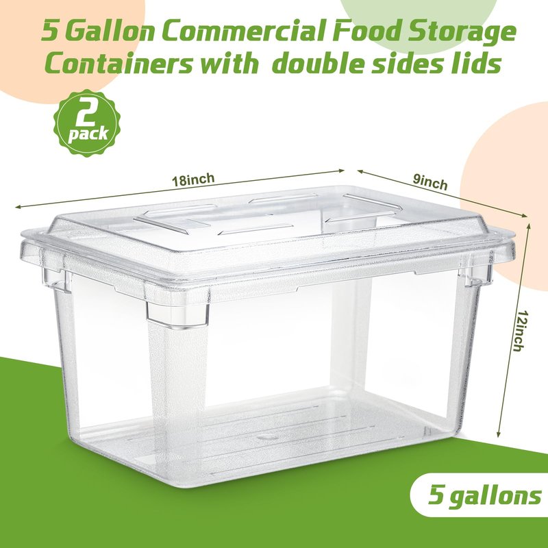 LOYIM 2 Pack 5 Gallon Polycarbonate Food Storage Box 18 x 12 Inch Commercial Food Storage Container Clear Vegetable Fruit Food Safe Storage Tote for Kitchen Restaurant Cafeteria