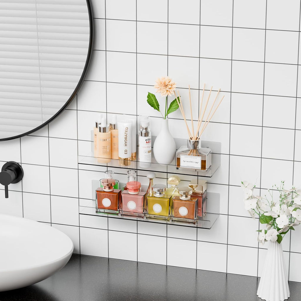 Skiennix 15-Inch Clear Acrylic Floating Shelves - No Drill, Renter-Friendly Wall Storage for Kids' Room & Bathroom