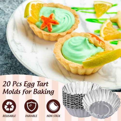 ISKYBOB 20 Pack Egg Tart Pans, 2.4 x 0.8in Mini Metal Cupcake Pans Pie Cookie Muffin Tins Reusable Baking Mold Cups