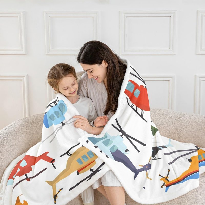 Airplane Sherpa Blanket Throw 50"x60" Aircraft Helicopter Blanket Throw For Kids Boys Teens Young Man Cartoon Airplanes Fleece Blanket Aviation Theme Fuzzy Blanket Bedroom Sofa Decor White