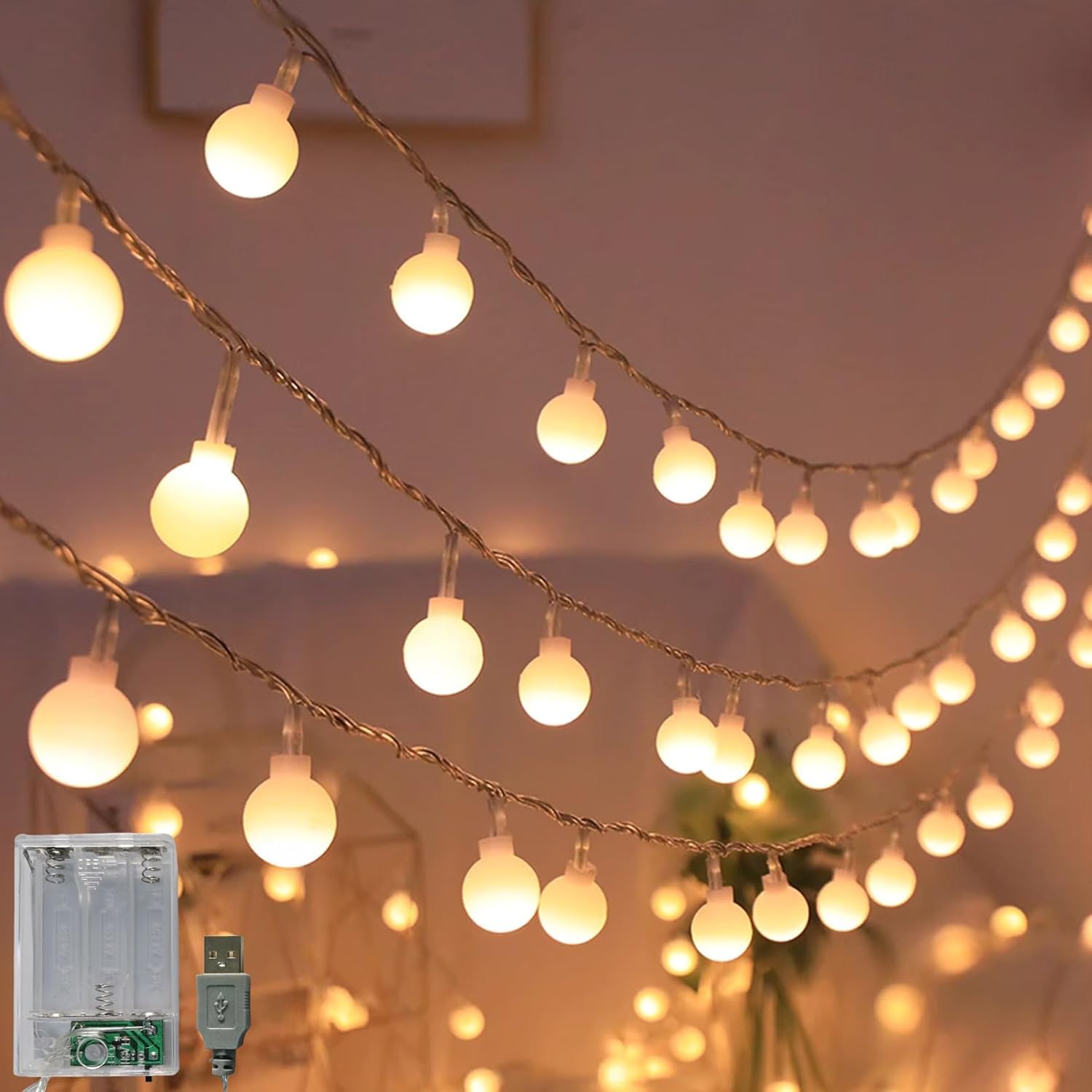 Skiennix 2-in-1 Globe String Lights - 32.8 FT, 80 LEDs, Warm White for Christmas & Parties