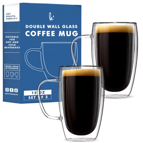Kitchables Double Walled Glass Coffee Mugs Set of 2, 15oz - Insulated Glass Coffee Mugs for Cappuccino, Latte, Tea, Espresso - Latte Cup - Tazas Para Cafe