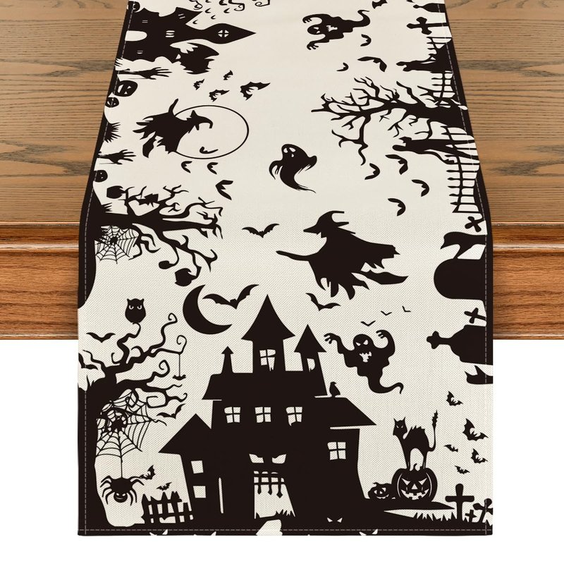 Artoid Mode Black White Spooky Haunted House Tree Ghost Witch Halloween Table Runner, Kitchen Dining Table Decoration for Home Party Decor 13x120 Inch
