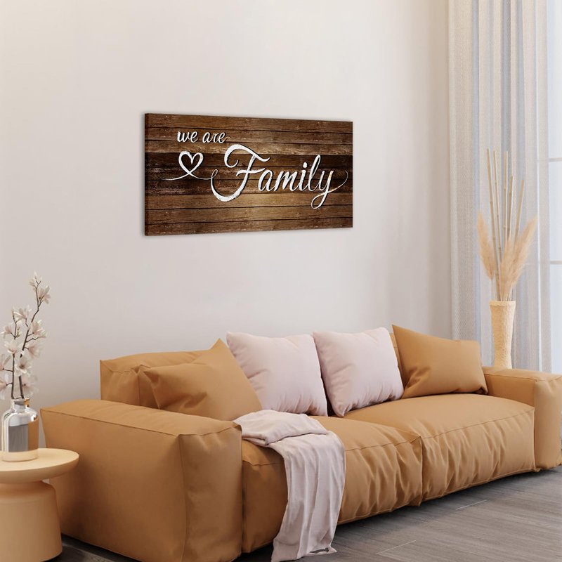 KREATIVE ARTS We Are Family Wall Art Rustic Farmhouse Canvas Print Brown Wood Grain Inspirational Quote Painting for Kitchen Living Room Bedroom Home Decor 20x40 Inch