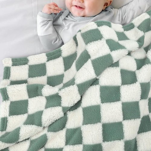 HOMRITAR Checkered Baby Blanket - Soft Sage Green Fluffy Comfort | Reversible 30 x 40 Inch for Infants