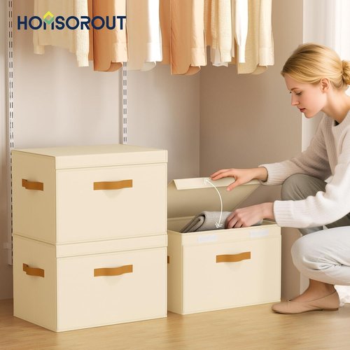 Homsorout Large Storage Bins - Front Opening Fabric Organizers with Lids, Collapsible 6-Pack in Beige