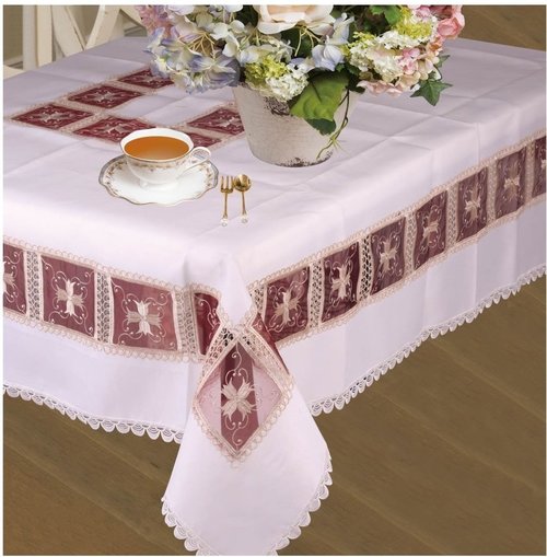 Violet Linen Emerald Roses Lace Pattern, Polyester Embroidered, Cutwork, Burgundy, 70 Inch x 105 Inch, Seats 8 to 10 people, Rectangular Tablecloths