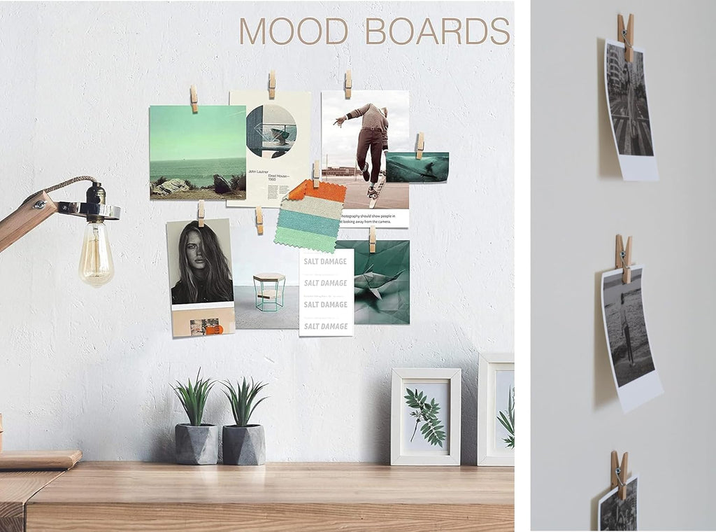 Skiennix 20 Pack Mini Self-Adhesive Clips - Beige Wood Photo Holders for Wall & Artwork Display