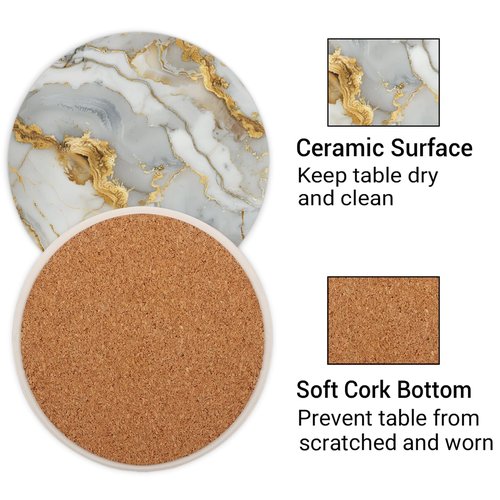 Eizlang Marble Coasters for Drinks 1-Piece Absorbing Round Ceramic Stone Coaster with Cork Base Tabletop Protection Mat for Mugs and Cups