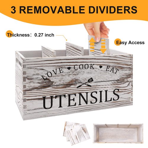 Rustic White Wooden Utensil Holder for Kitchen Counter Decor Extra Large Utensil Crock Organizer Silverware Caddy Farmhouse Wood Cutlery Holder Cooking Utensil Stand Storage kitchen Tools Holder
