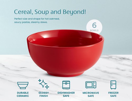 KooK Soup Bowls, Cereal Bowl, Ceramic, Bowls for Kitchen, Microwave, Dishwasher and Freezer Safe, Porcelain Dishes for Pasta, Salad, Oatmeal, Deep Interior, 20 oz, Set of 6, (Red)