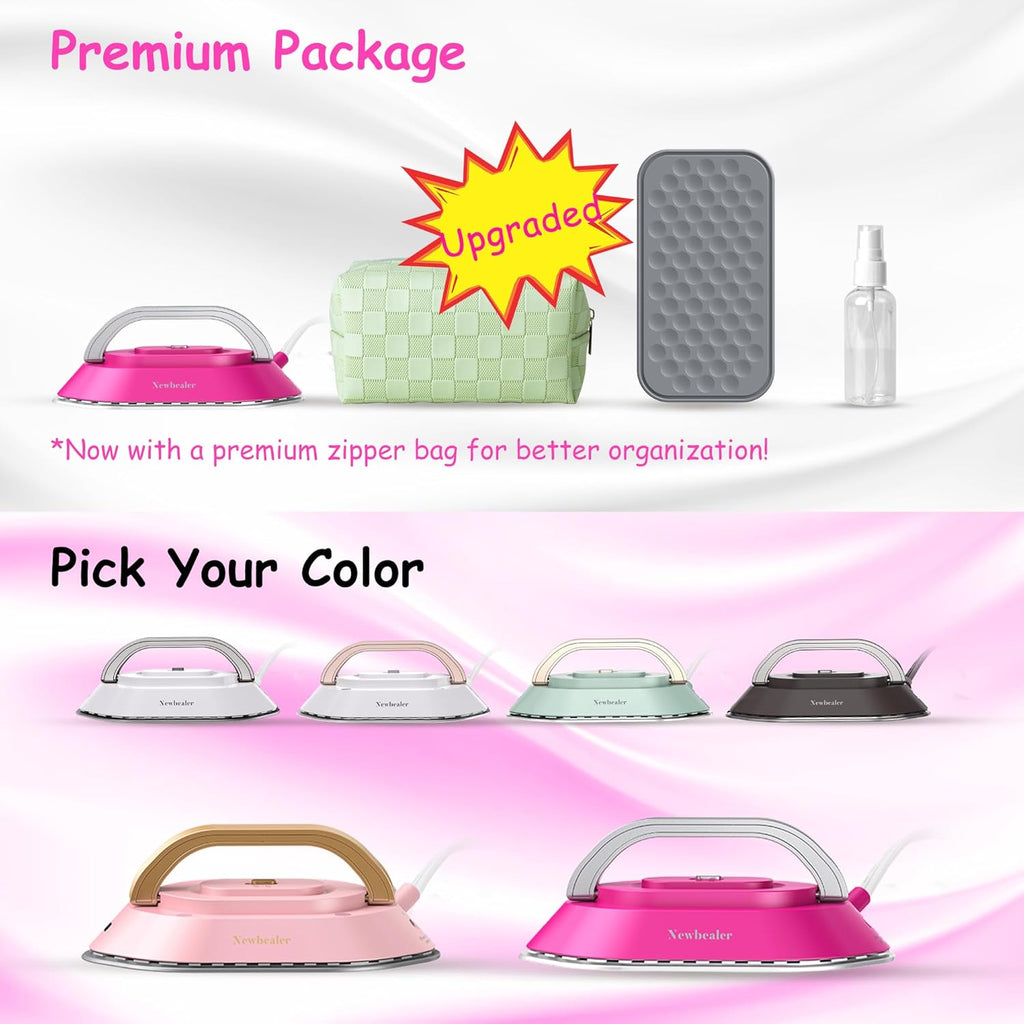 Newbealer Travel Iron - Mini Dry Iron with Global Voltage, 100-240V, 300W, Non-Stick Soleplate, Hot Pink