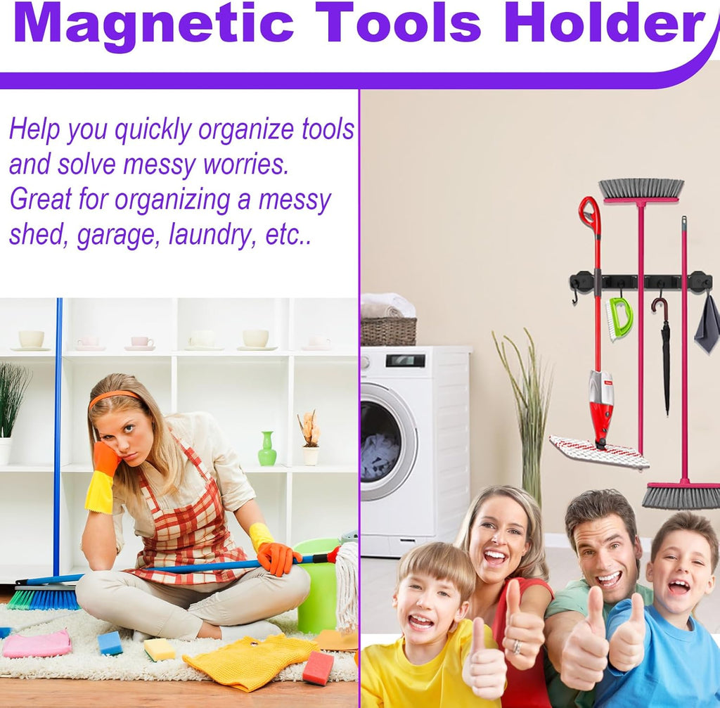 Skiennix Magnetic Mop Holder - Heavy Duty Tool Organizer with Swivel Hooks for Garage & Kitchen