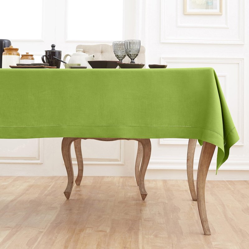 Solino Home Linen Tablecloth for Rectangle Tables 60 x 90 Inch - Classic Hemstitch 100% Pure Linen Lime Green Table Cloth - Machine Washable Cloth Tablecloth for Spring, Summer
