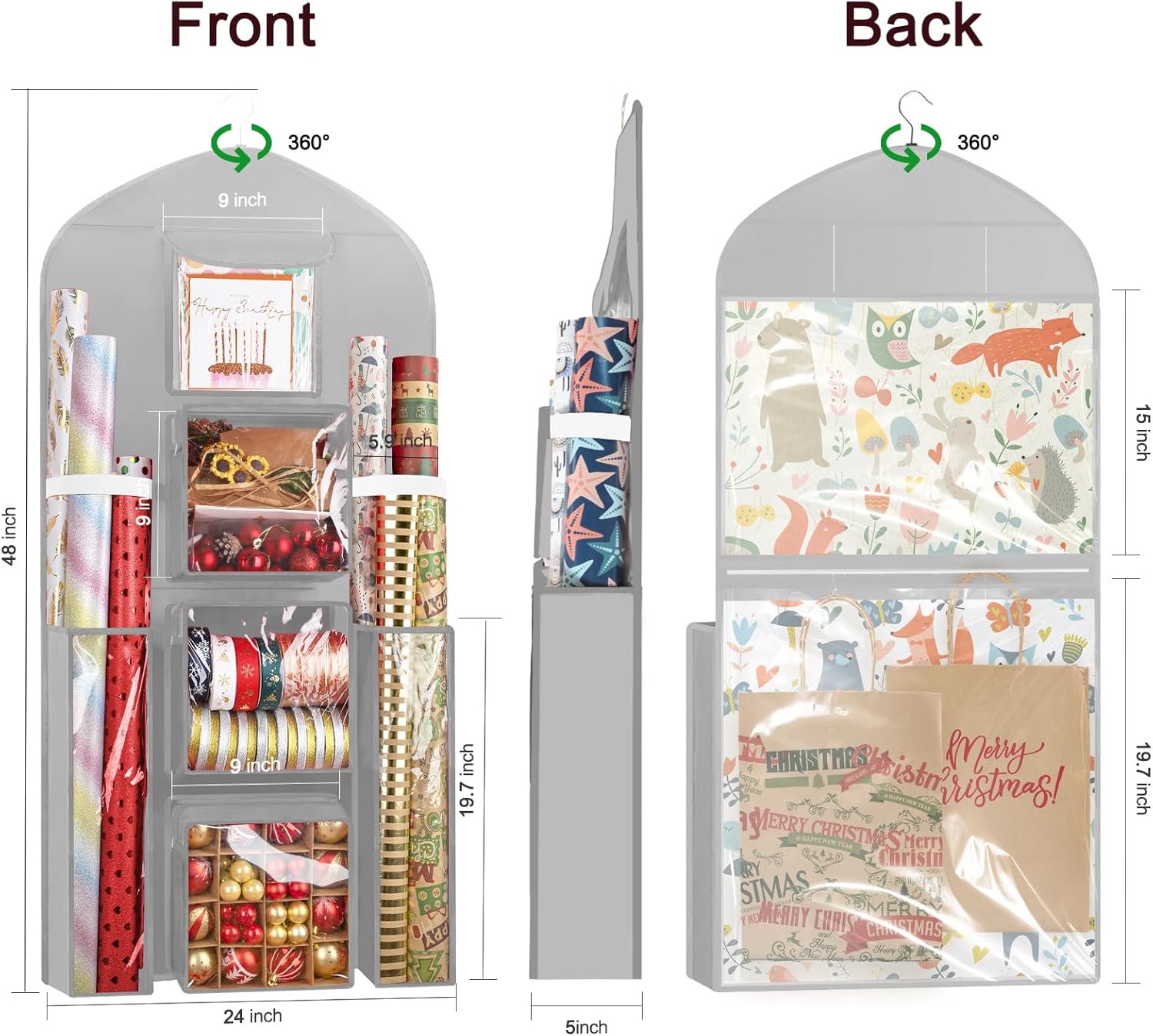 Woodoulogy Extra Large Gift Wrapping Paper Storage - 48x24 Grey Double-Sided Organizer Bag
