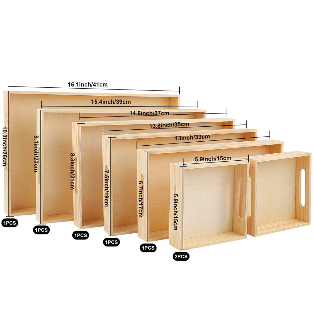 Aodaer 7 Pieces Wooden Trays, Wooden Nested Serving Trays, Rectangular Shape Serving Tray with Handles for Kitchen Party Dinner Snacks