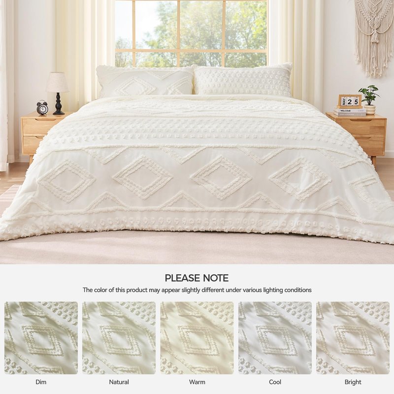 YIXWZAS Boho King Comforter Set Beige with Sheets, 3 Pieces Tufted King Comforter Sets Boho Bedding Cream Soft Warm Neutral Comforter Sets for All Seasons