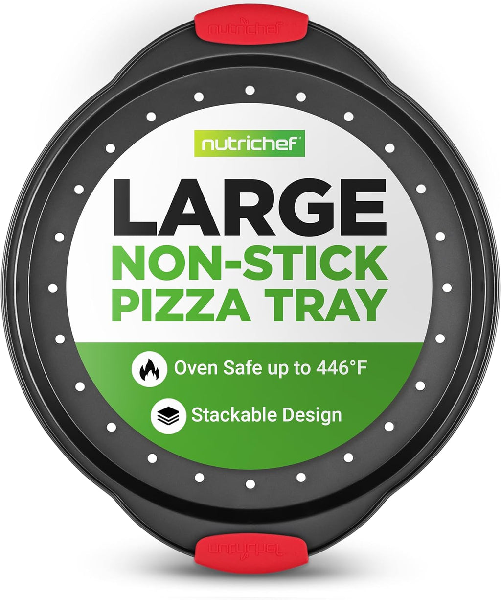NutriChef 13-Inch Nonstick Pizza Tray - Round Carbon Steel Pan with Perforated Holes & Silicone Grip Handles