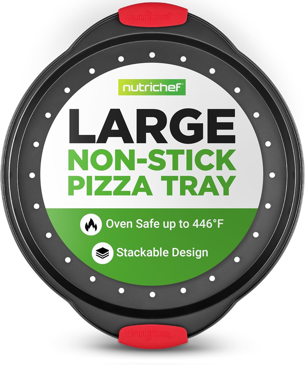 NutriChef 13-Inch Nonstick Pizza Tray - Round Carbon Steel Pan with Perforated Holes & Silicone Grip Handles