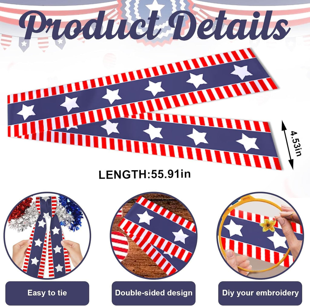 Patriotic 4th of July Wreath Sash - 4.5" x 56" Red & Blue Satin Ribbon with Stars & Stripes
