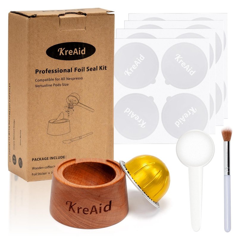 KreAid Reusable Vertuo Capsule Kit for Reusable Nespresso Pods with 100 Pcs Aluminum Foil Seal Lids Holder, Spoon and Brush Refillable Vertuoline Capsules