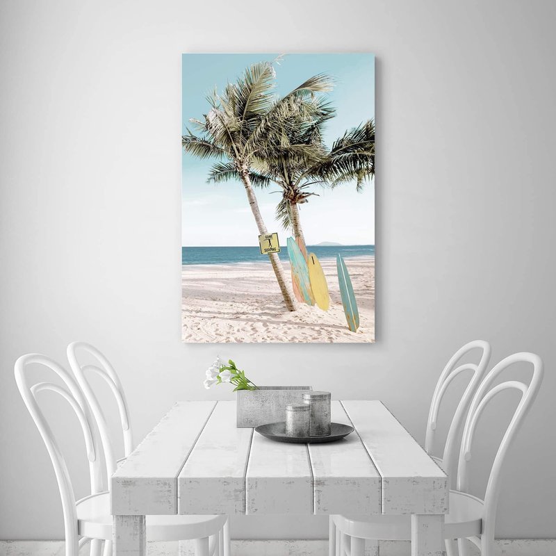 cozy country Beach Coastal Canvas Wall Art: 36" x 24" Seascape Artwork Sea Coconut Art and Beach Surfboards Painting Seaside Palm Tree Picture Decor for Living Room Bedroom