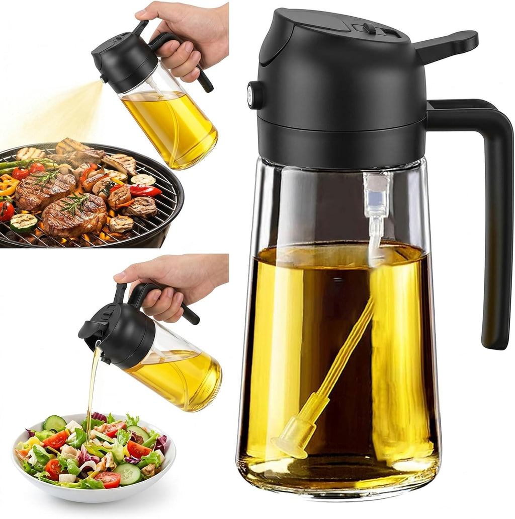 Skiennix 16oz Oil Sprayer - 2-in-1 Food Grade Glass Dispenser for Cooking & BBQ (Black)