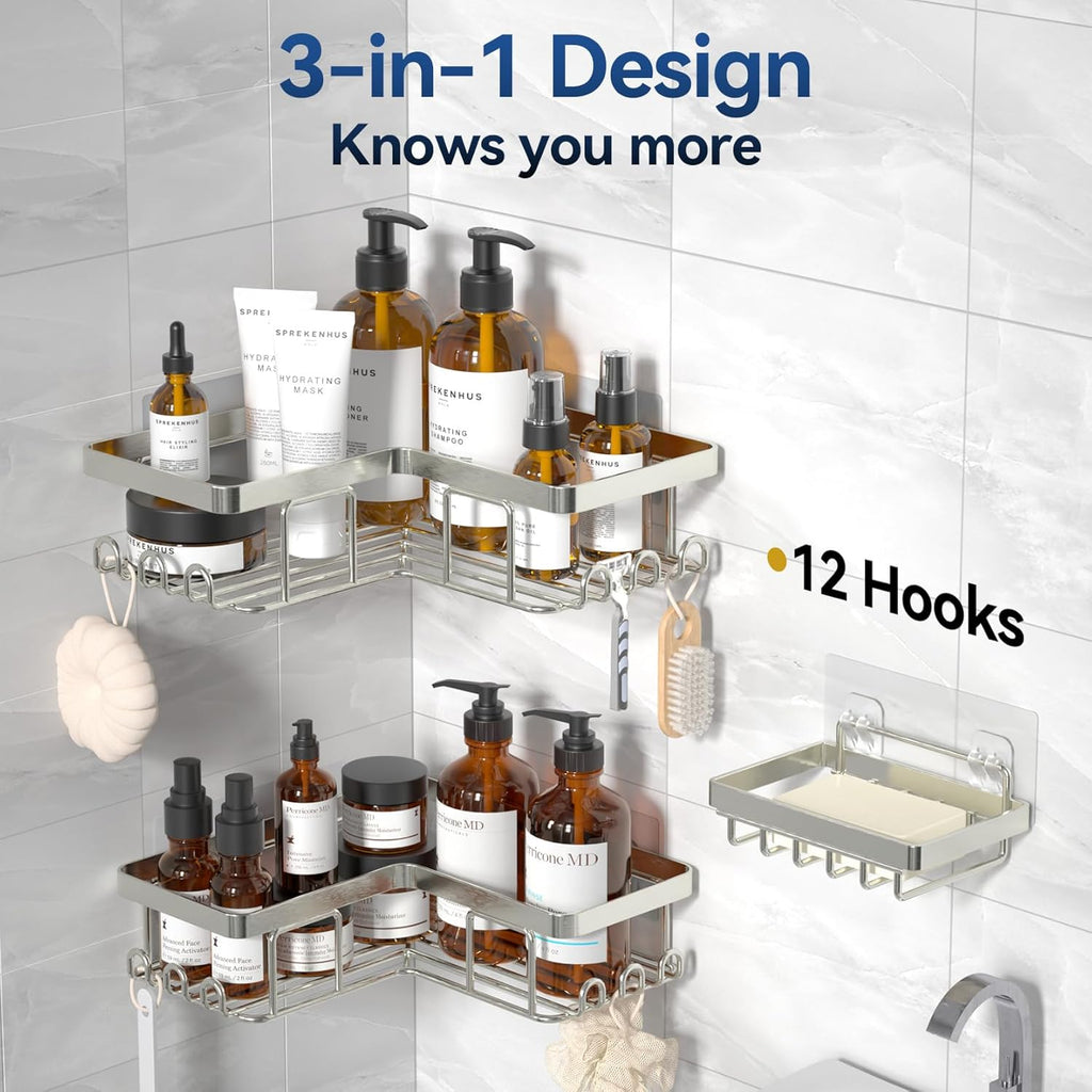 YASONIC Corner Shower Caddy - 3-Pack Adhesive Organizer with Soap Holder & 12 Hooks | Rustproof Stainless Steel, Nickel Finish