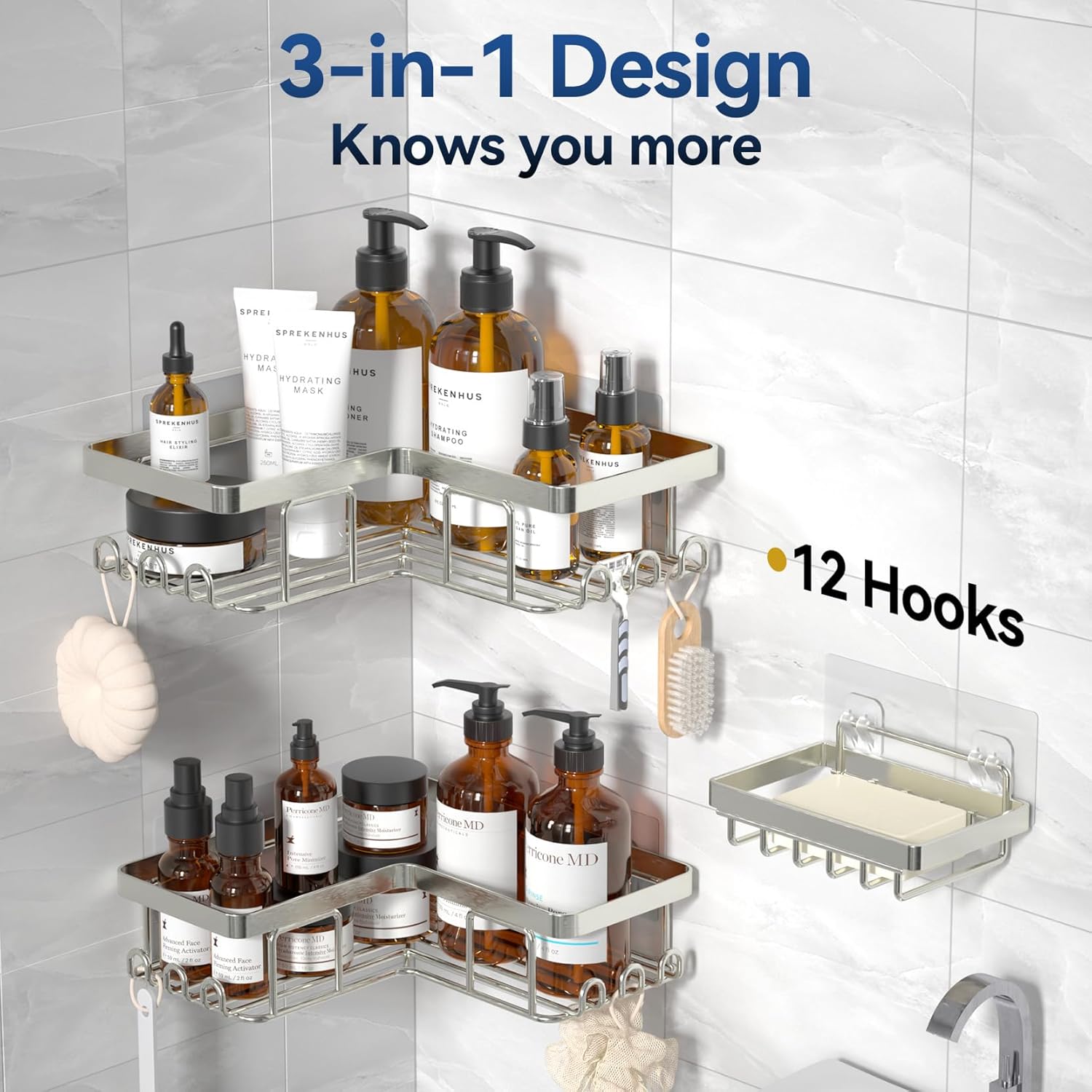 YASONIC Corner Shower Caddy - 3-Pack Adhesive Organizer with Soap Holder & 12 Hooks | Rustproof Stainless Steel, Nickel Finish