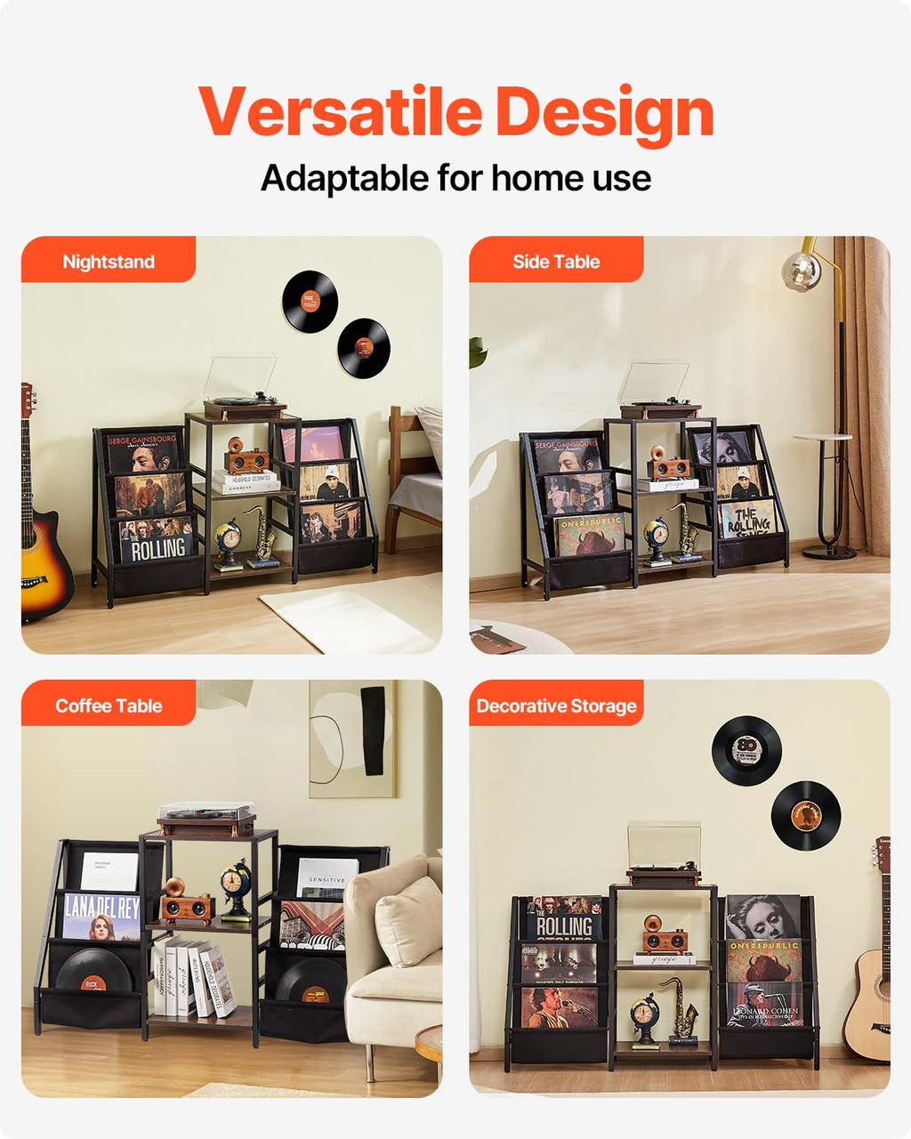 VEVOR Record Player Stand, 3 Tiers Metal Vinyl Record Stand, Turntable Stand with Record Holder Vinyl Display Shelf, Wooden Record Holder Ideal for Bedroom, Living Room, Black