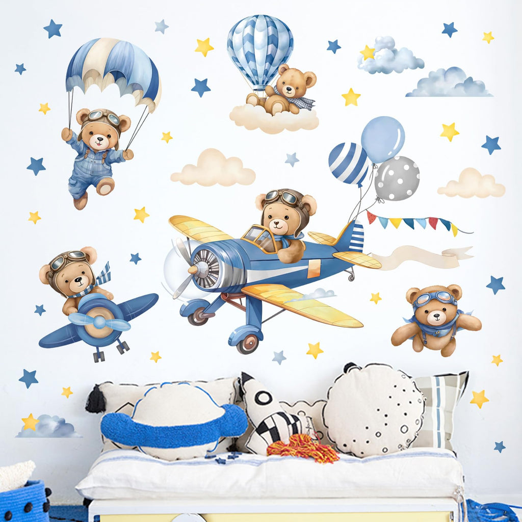 decalmile Airplane with Animals Wall Stickers Hot Air Balloon Bear Clouds Wall Decals Baby Nursery Kids Bedroom Living Room Wall Decor