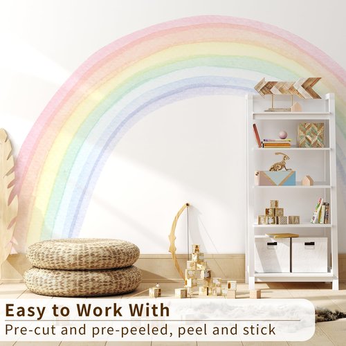 funlife Vinyl Large Rainbow Wall Mural Stickers Peel and Stick, Precut Giant Pastel Watercolor Rainbow Wall Decals for Girls Bedroom Kids Nursery Room Playroom, 94.49" x 55.12"