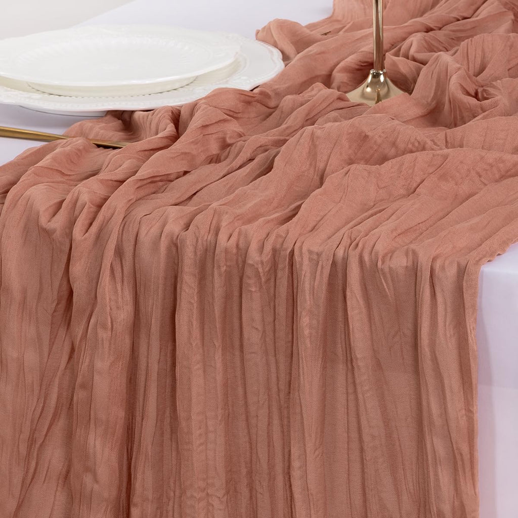 Socomi Cheesecloth Table Runner - 120 Inch Dusty Rose Boho Rustic Design for Weddings & Events
