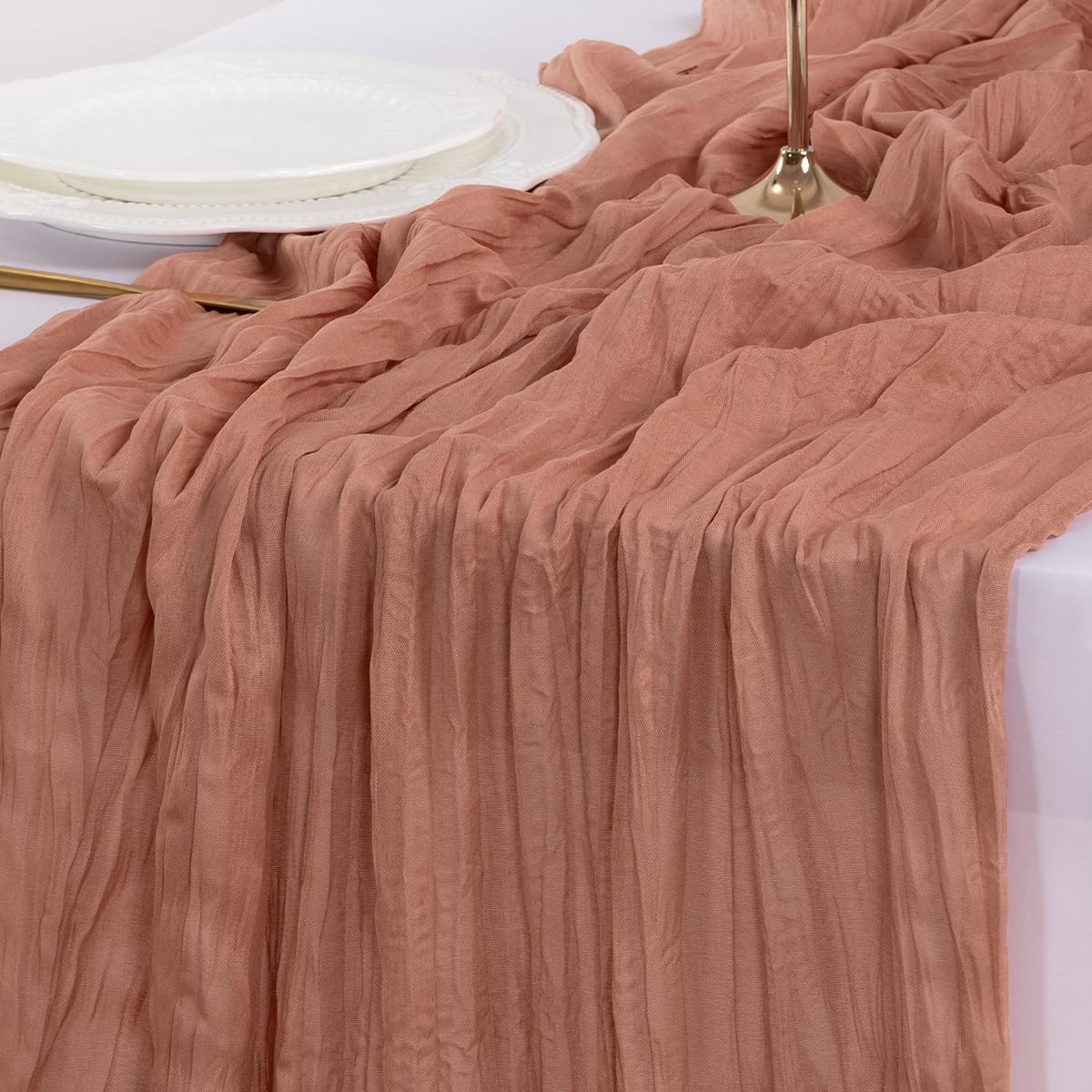 Socomi Cheesecloth Table Runner - 120 Inch Dusty Rose Boho Rustic Design for Weddings & Events