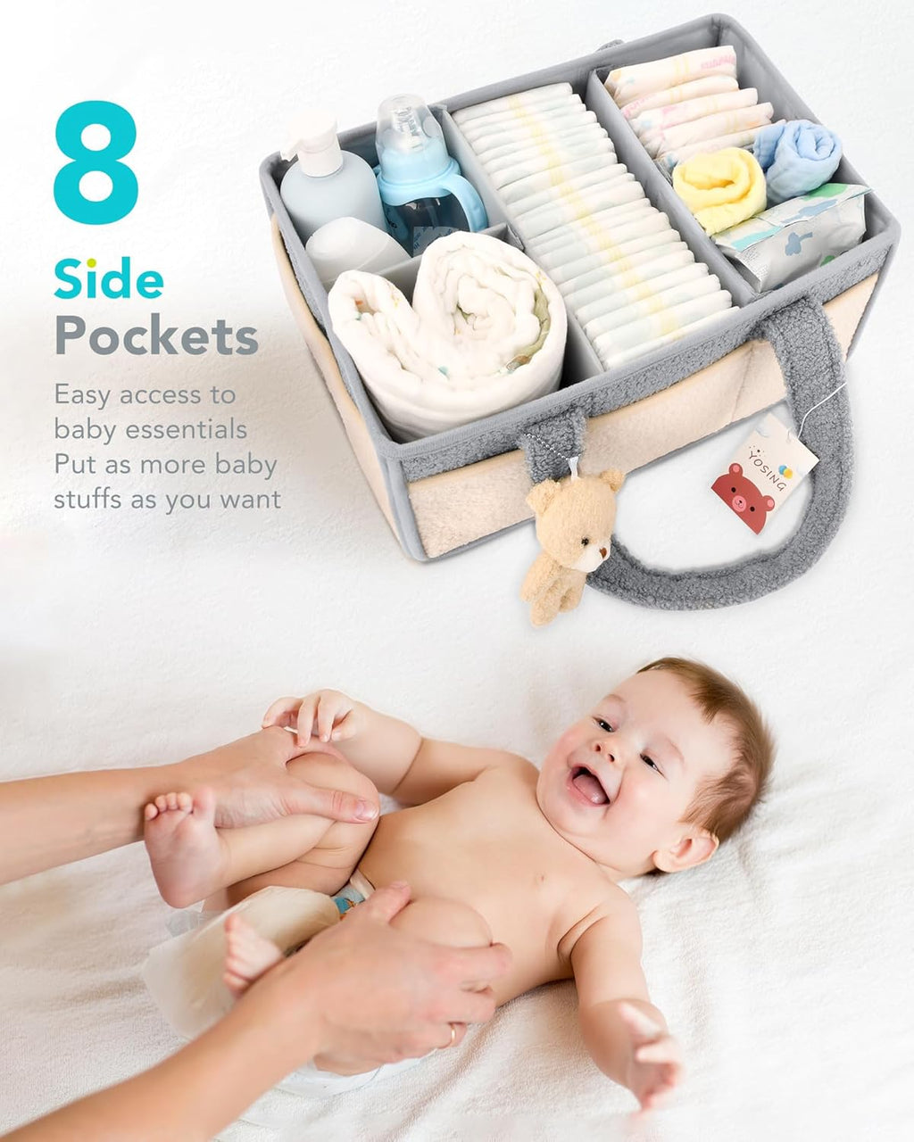 YOSING Diaper Caddy Organizer - Stylish Gray & White Nursery Storage for Baby Wipes & Diapers