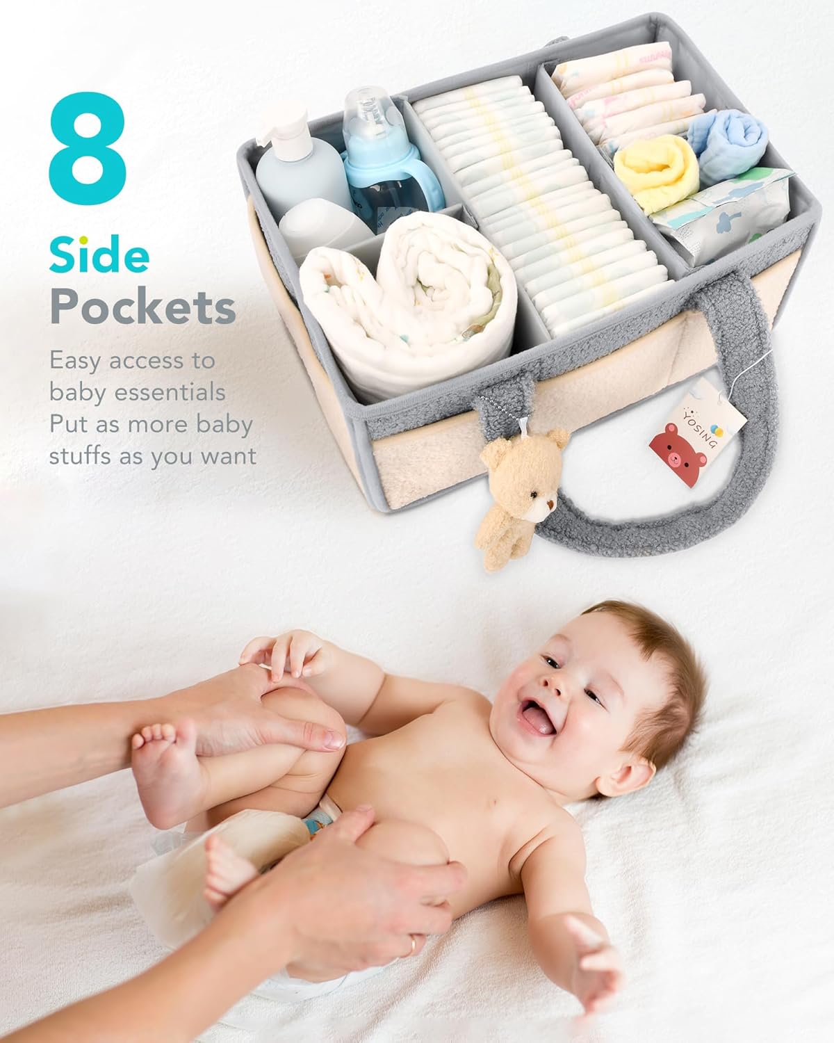 YOSING Diaper Caddy Organizer - Stylish Gray & White Nursery Storage for Baby Wipes & Diapers