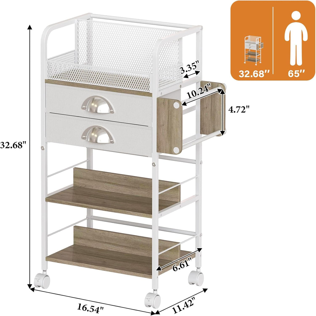 Rolling Craft Storage Cart - Multi-Tier Organizer with Lockable Wheels & 2 Fabric Drawers | 16.54x11.4x32.68 Inches