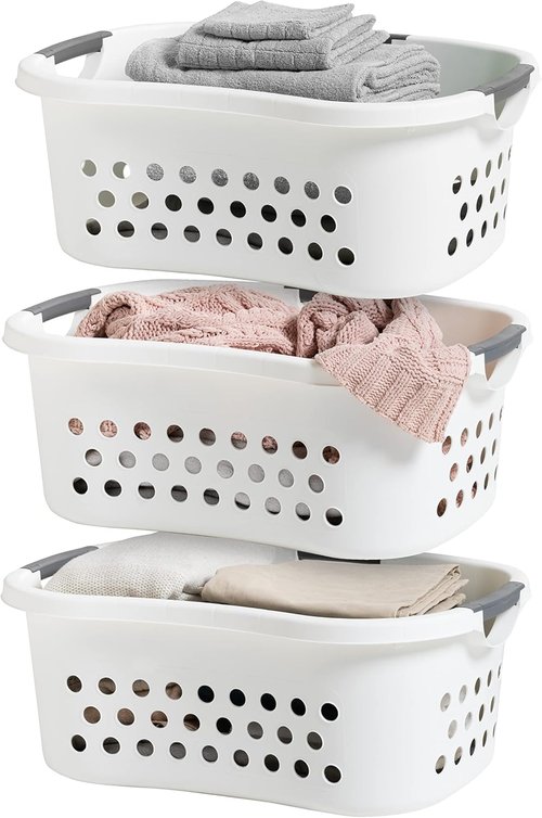 IRIS USA 50L Plastic Laundry Basket - Comfortable Carry Handles, Ventilated Design | 3-Pack, White