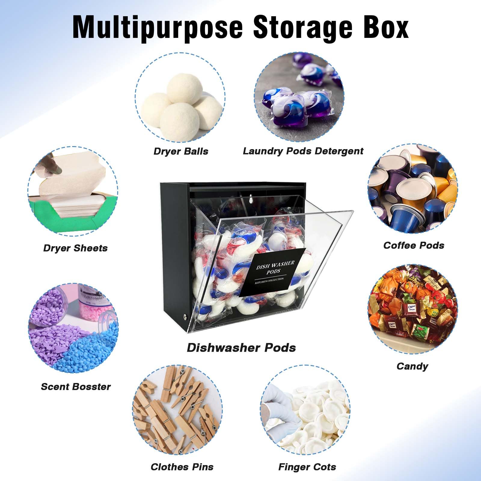 Gnjoyxuan Laundry Pods Container, Acrylic Wall Mounted Organizer with Extra Labels, Candy Dispenser Coffee Pod Holder Dishwasher Pods Case for Home,Kitchen, Office, Black