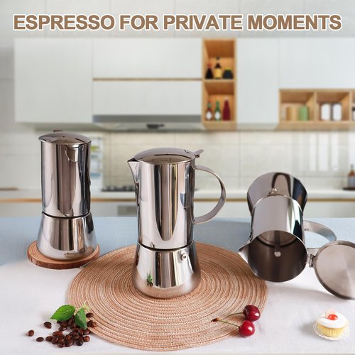 Uncoated 2 Cup Moka Pot 304 Thickened Stainless Steel Coffee Maker Stovetop Espresso Coffeemaker Italian Classic Style Brewing Greca Cafe Mocha Machine for Cafeteras Camping Travel Home 100ml 3.3oz