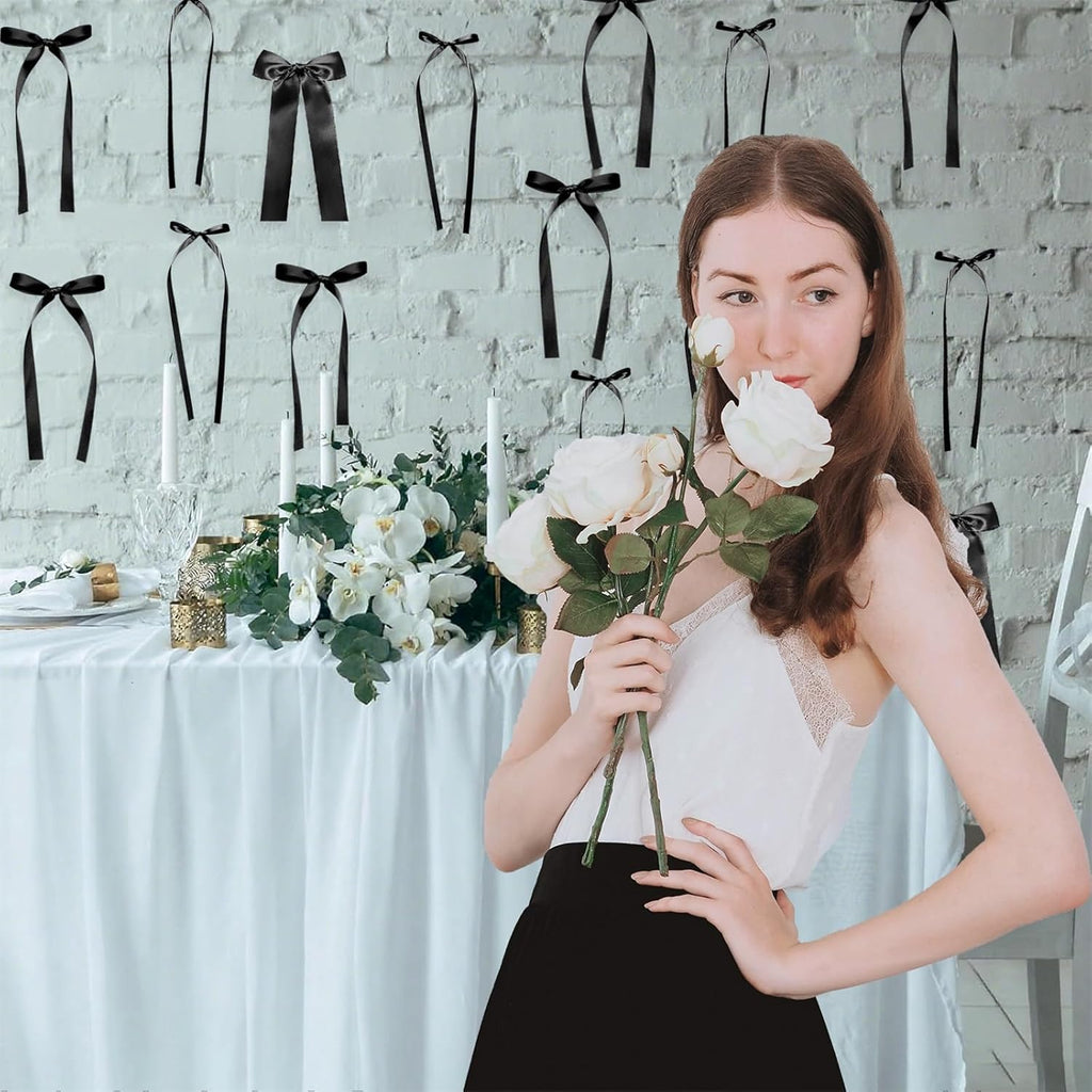 Skiennix Black Bow Birthday Decorations - 45Pcs DIY Ribbon Bow Wall Decor | 3 Sizes for Parties & Events